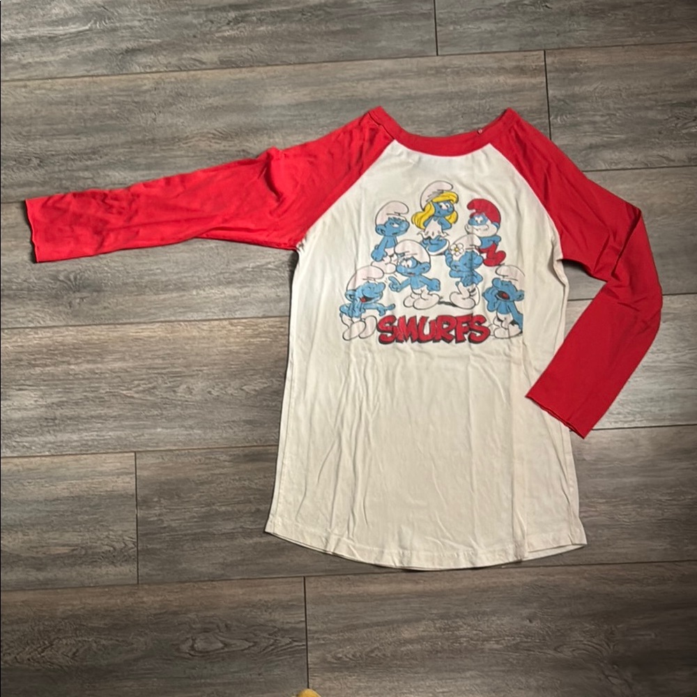 Junk Food Clothing Red and White Long Sleeve Tee with Retro Smurfs Graphic